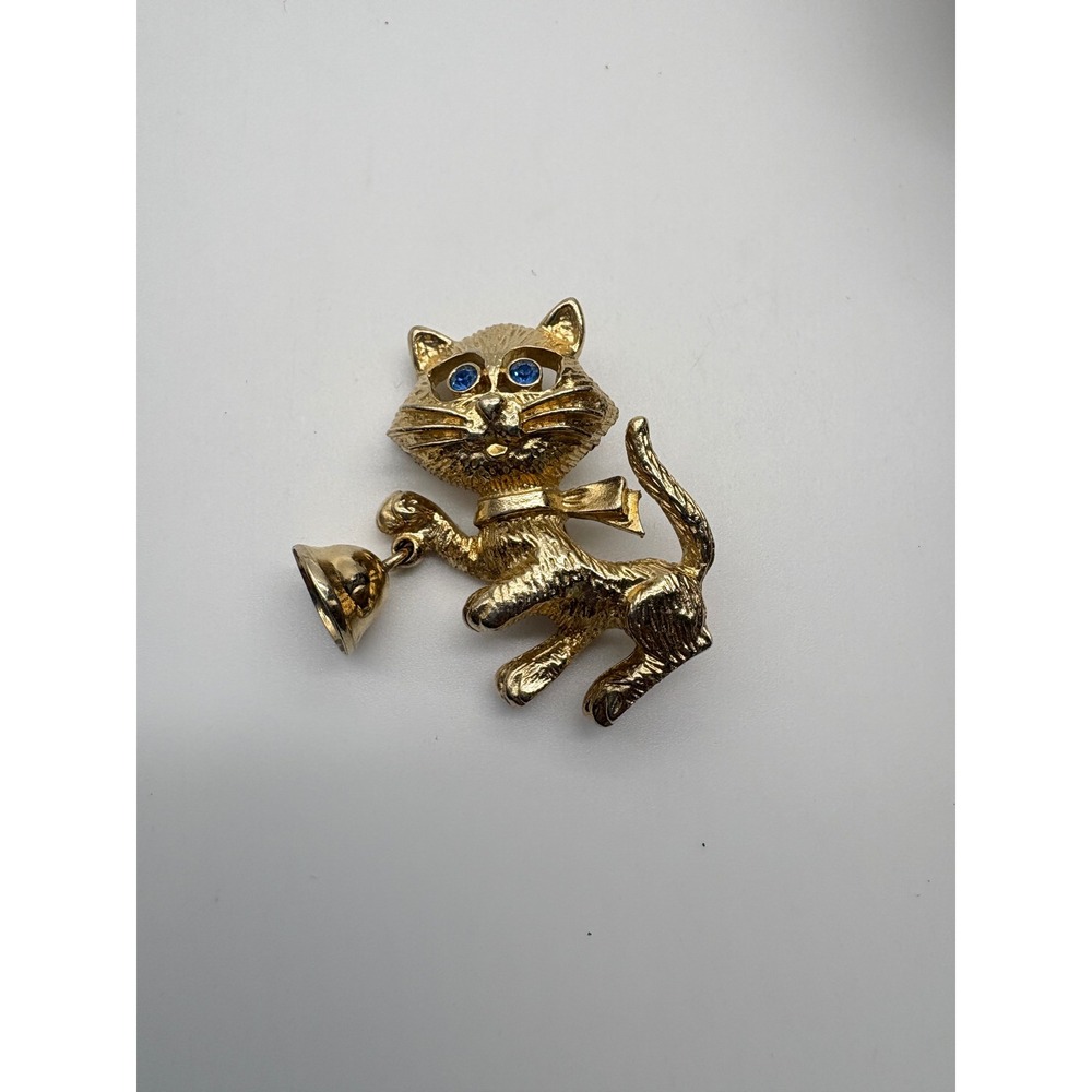 Vintage Avon Gold Tone Cat Brooch with Blue Rhinestone Eyes and Dangling Bell